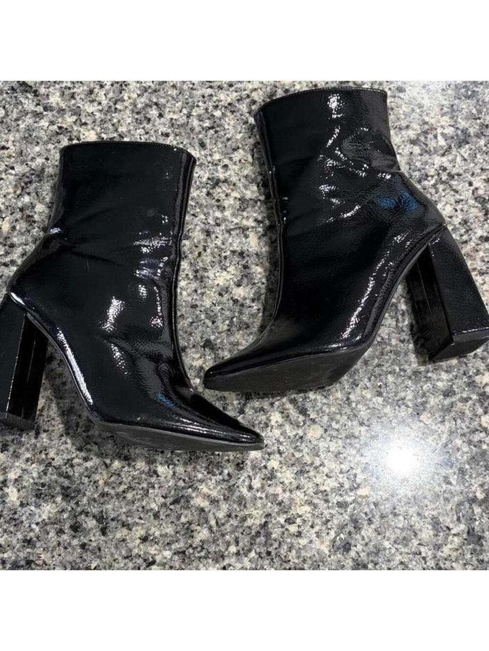 Black Patent Leather Ankle Boots with Block Heel Size 8M